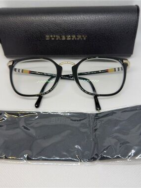 Burberry WomeBlack and Gold Square Optical Glasses with Signature Stripe Temples